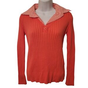 IZOD Pink Orange Ribbed V Neck Button Collar Gingham Shirt Sweater S Academia